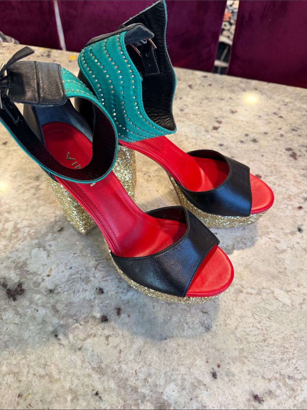 Vinci Stylish Black & Red Platform Sandals with Gold Glitter Heel